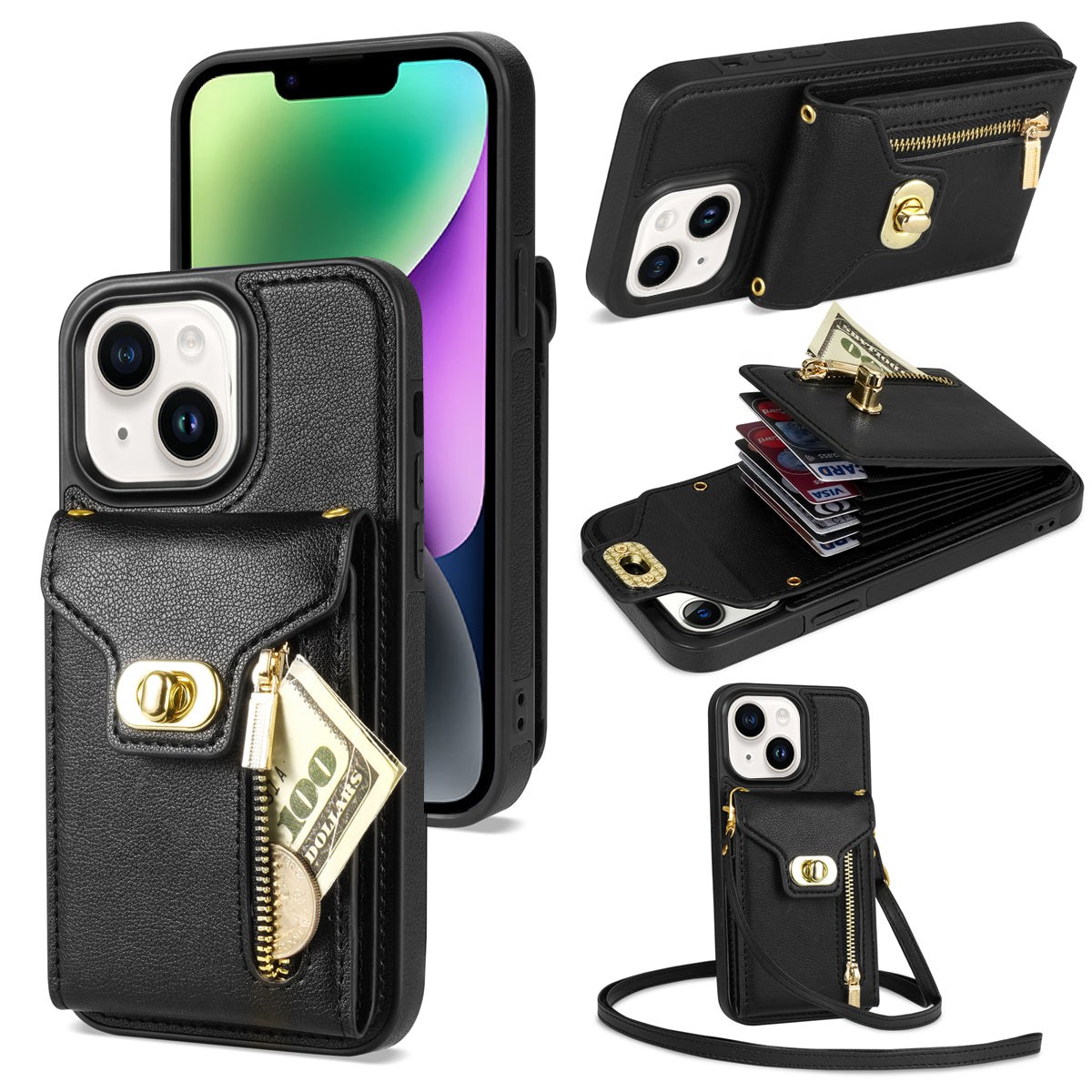 Card Holder Zipper Pocket Phone Case for iPhone 14 Kickstand PU Leather Coated TPU Cover Card Holder Zipper Pocket Phone Case for iPhone 14 Kickstand PU Leather Coated TPU Cover